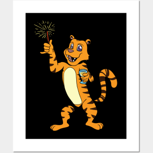 Tiger with Champagne and Sparkler - Happy new year Posters and Art